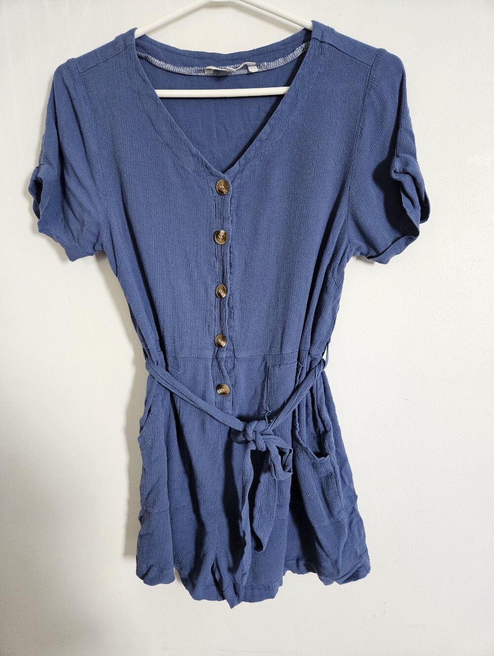 Blumind Womens Blue Short Sleeve Button Front Belted Romper Jumpsuit Size M